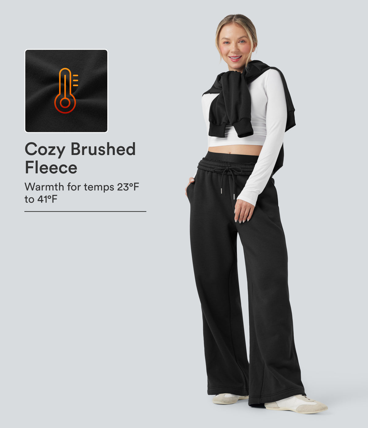 High Waisted Drawstring Wide Leg Fleece Casual Cotton Pants with Pockets