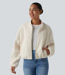 Zip Fly Casual Sherpa Jacket with Pockets