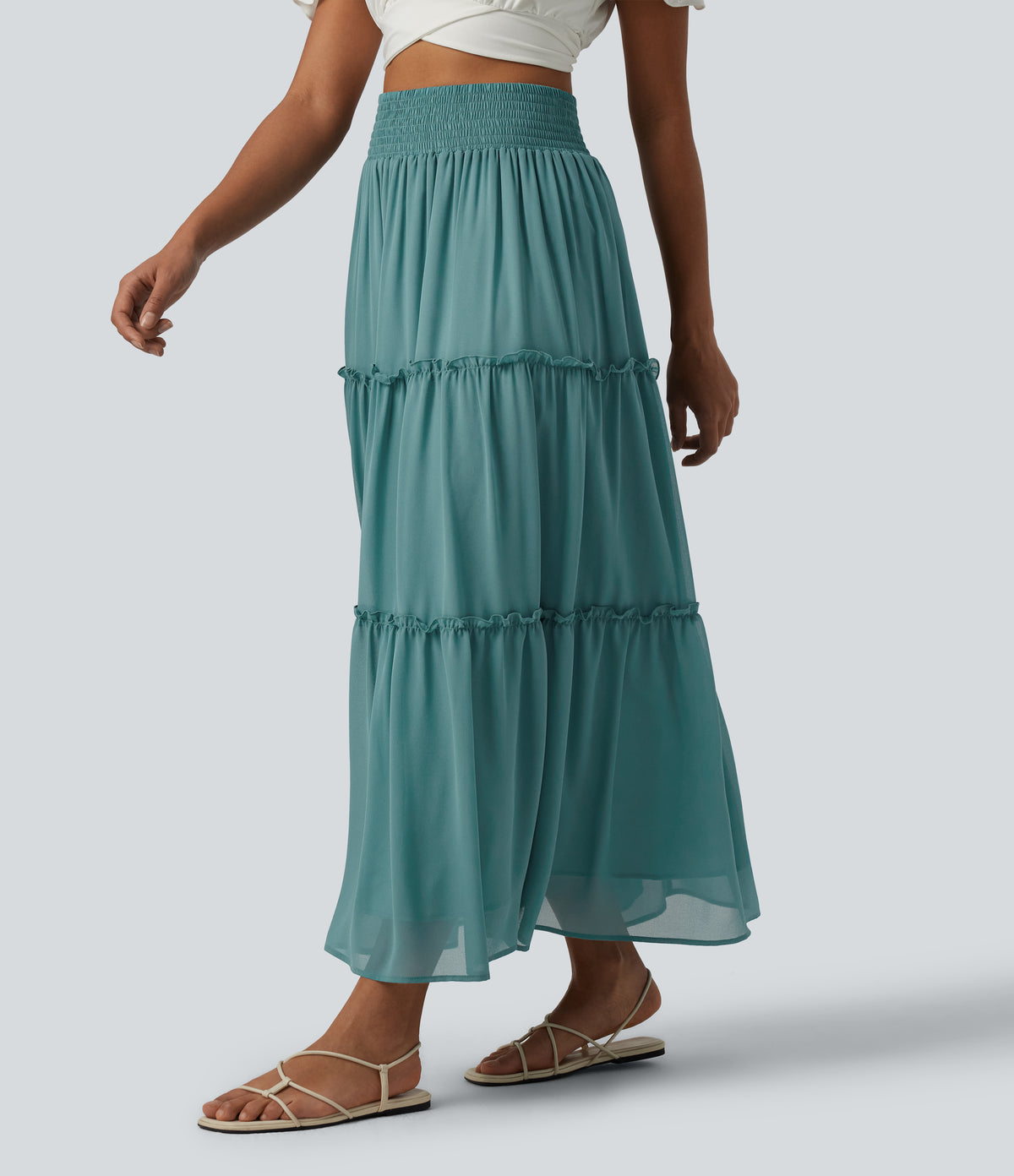 High Waisted Shirred RuffleTrim Flowy Midi Casual Tiered Skirt