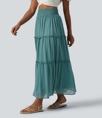 High Waisted Shirred RuffleTrim Flowy Midi Casual Tiered Skirt