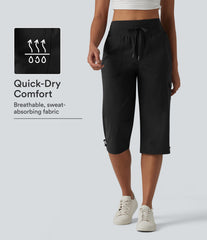 Mid Rise Drawstring Straight Leg Quick Dry InstantCool Capri Casual Pants with Pockets-UPF40+