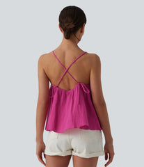 Lace Up Layered Ruffle Hem Cotton Tank Top