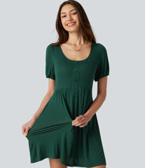 Scoop Neck Short Sleeve Tie Back Mini Casual Dress with Pockets