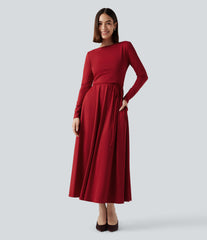 Long Sleeve Wrapped Tie Back 2-Piece Midi Dress with Pockets