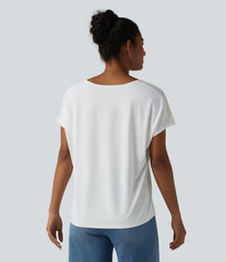 V-neck Batwing Short Sleeve Contrast Lace InstantCool Quick Dry Casual Top-UPF50+