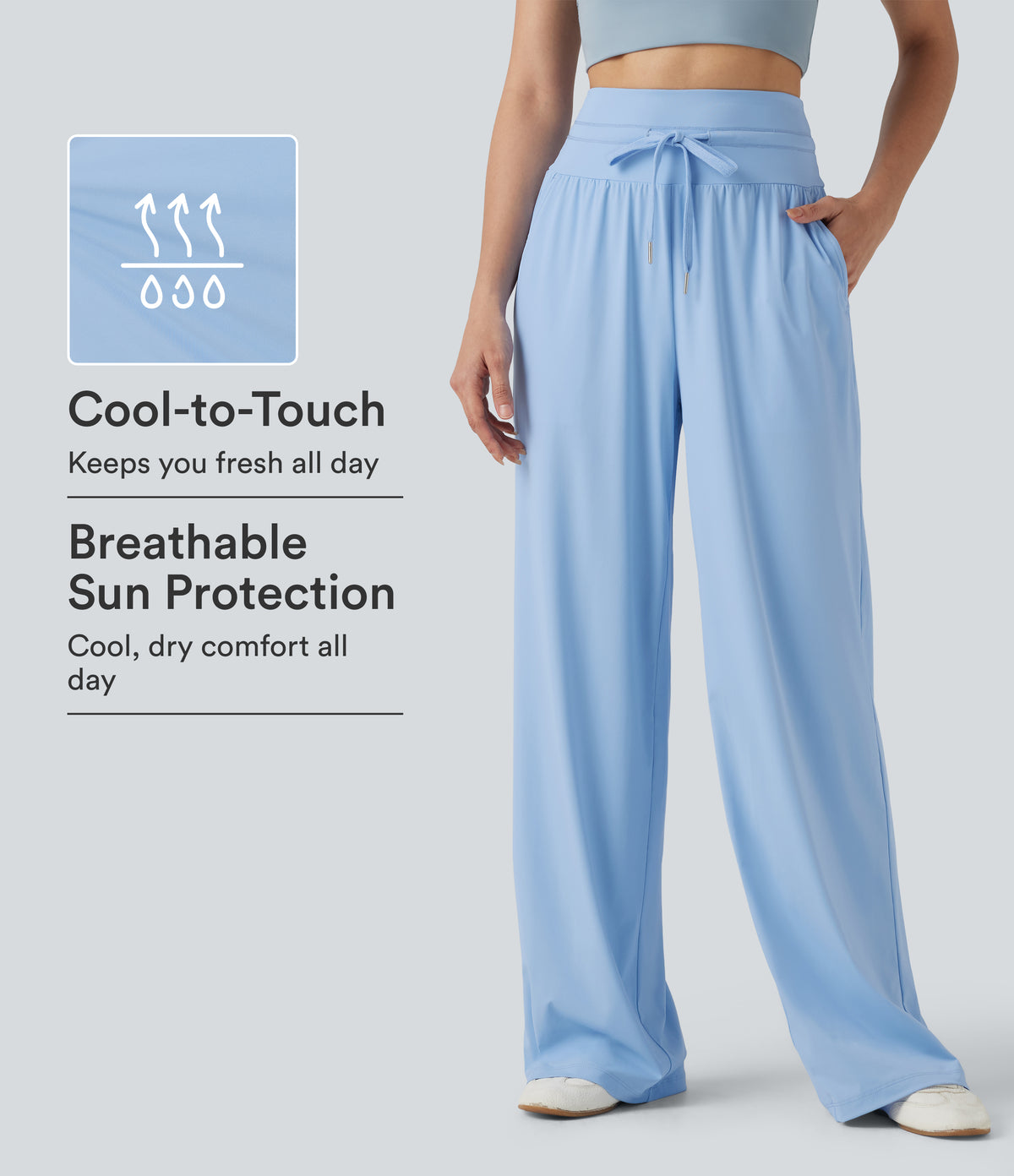 High Waisted Drawstring Wide Leg InstantCool Casual Pants with Pockets-UPF50+