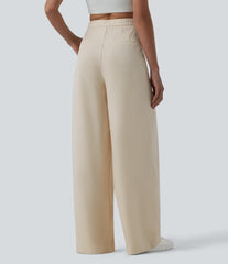 High Waisted Pleated Wide Leg Baggy Draped Flowy Linen Casual Pants with Pockets