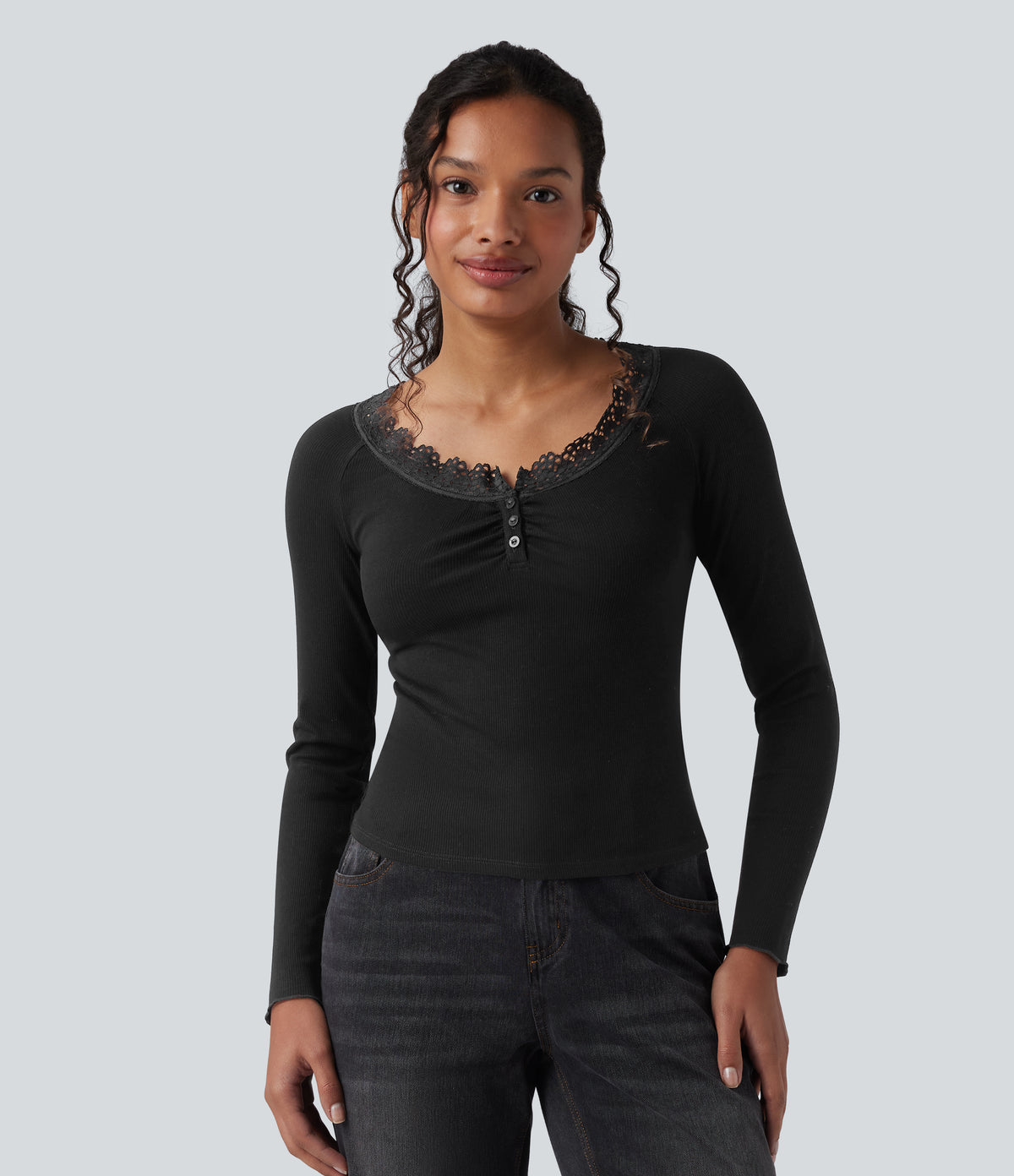 Ribbed Knit Henley Contrast Lace Long Sleeve Casual Top