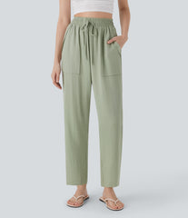 High Waisted Drawstring Casual Tapered Linen-Feel Pants with Pockets