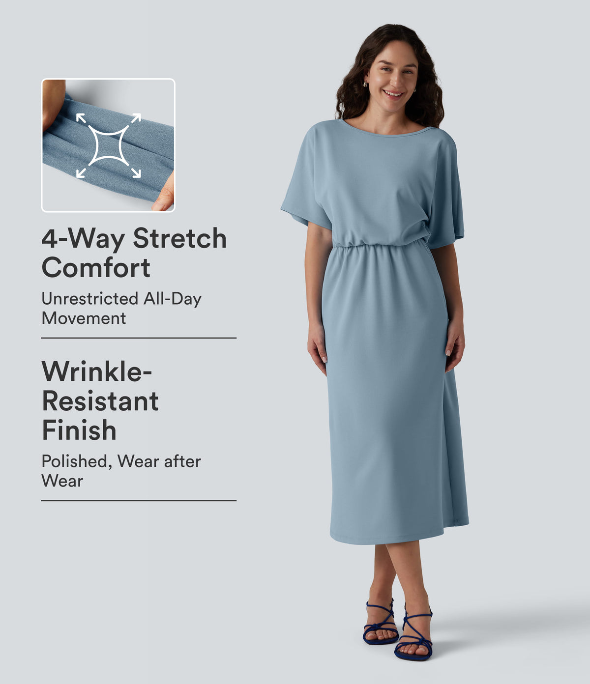 Wrinkle-Resistant Boat Neck Short Sleeve Midi Work Dress