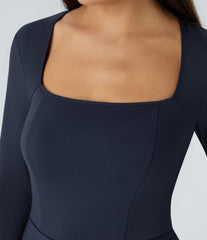 Square Neck Long Sleeve Ruffle Hem Work Top