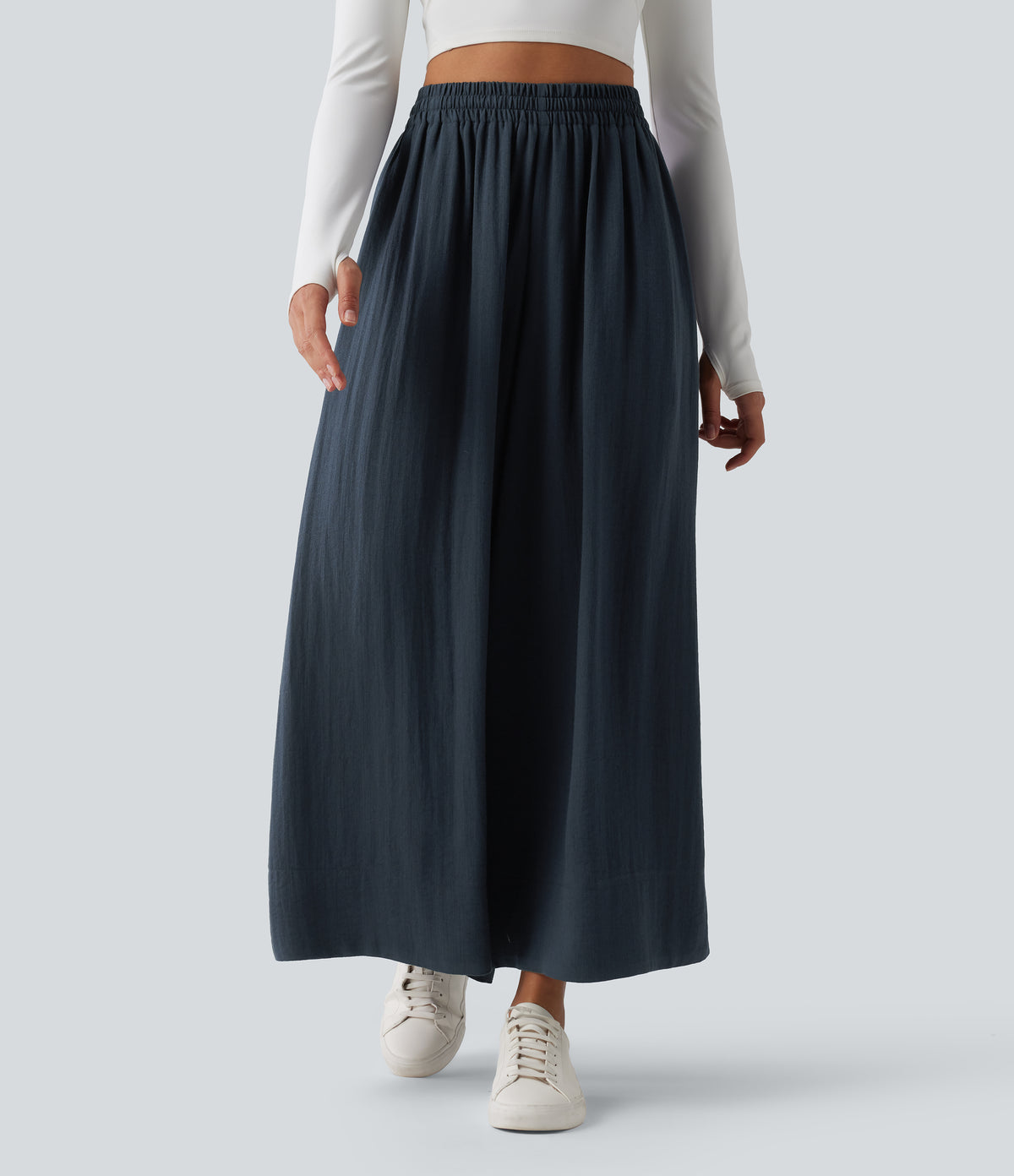 High Waisted Inner Drawstring Flowy Wide Leg Casual Linen-Feel Pants with Pockets