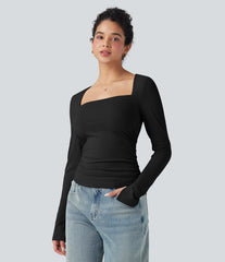 Square Neck Split Long Sleeve Ruched Slim Casual Top