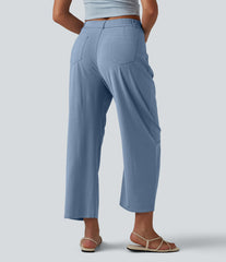 High Waisted Barrel Leg Casual Stretch Linen Pants with Pockets