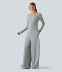 V Neck Long Sleeve Casual Jumpsuit with Pockets-Easy Peezy Edition