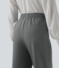 High Waisted Drawstring Straight Leg Work Pants with Pockets