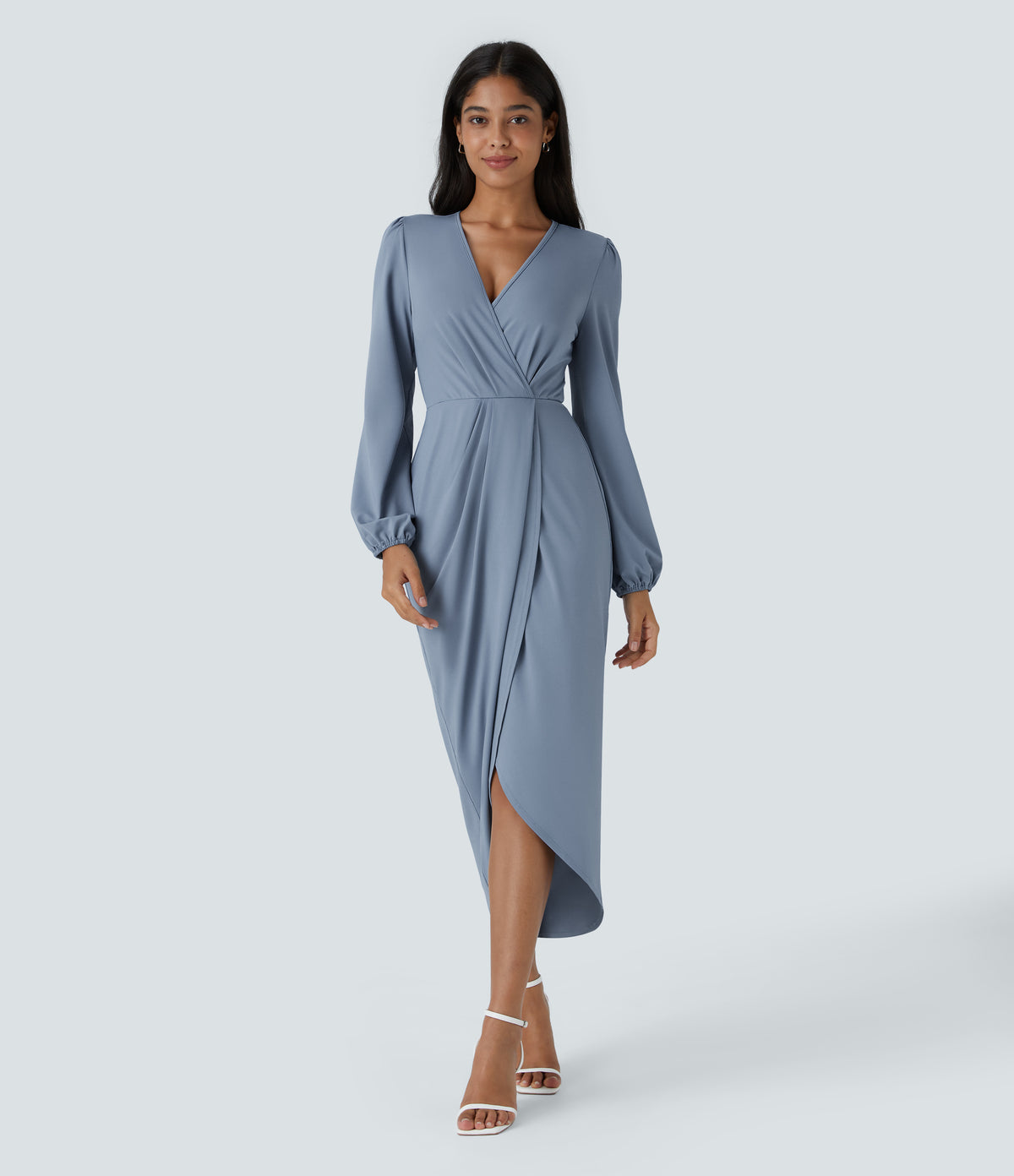 V Neck Long Sleeve Tulip Hem Midi Dress