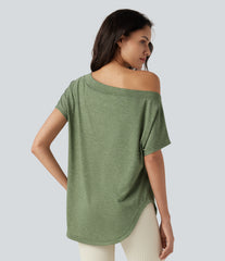 One-Shoulder Short Sleeve Curved Hem High Low Built-in Bra Casual Heathered Top