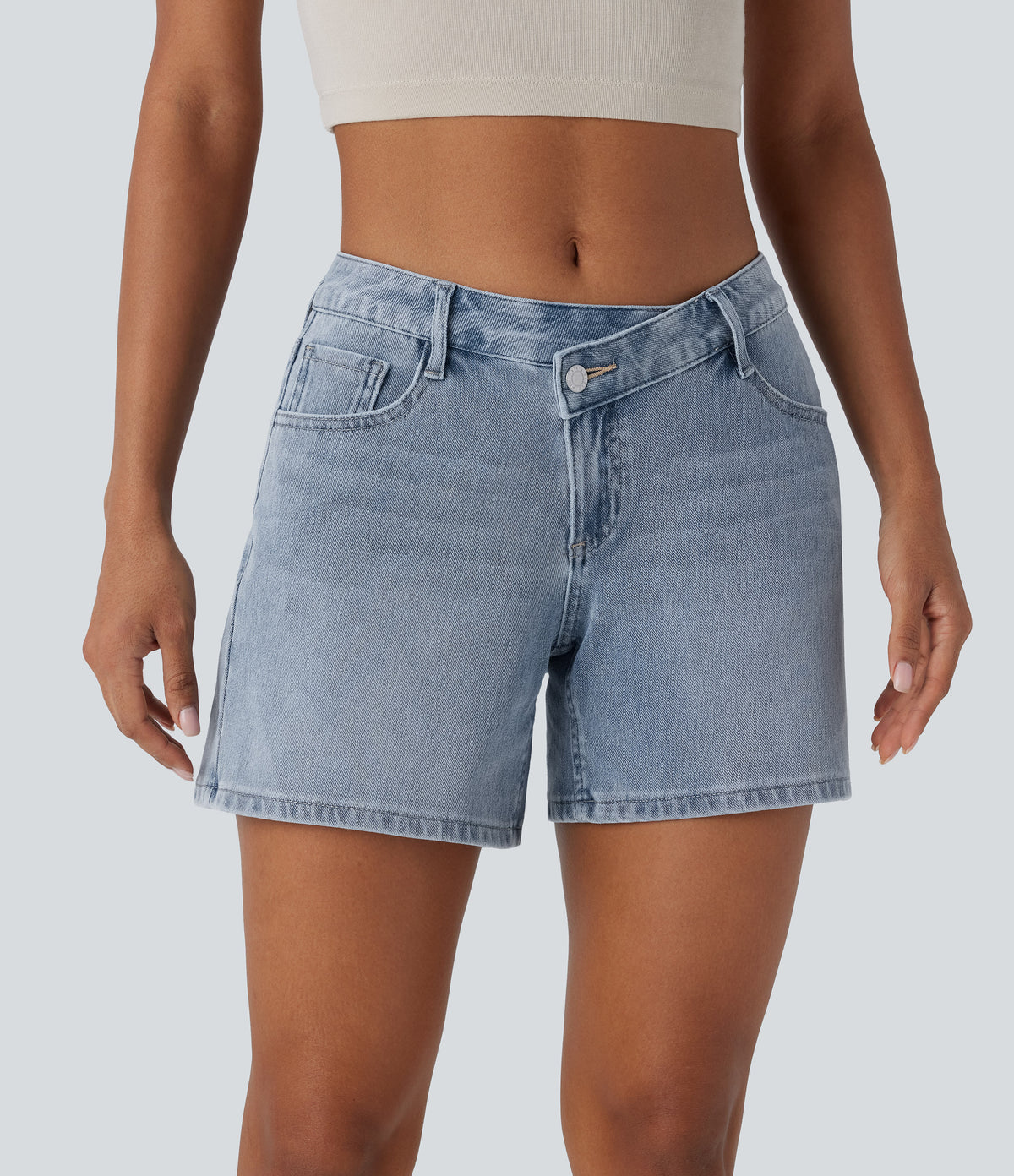 Halara Flex™ Asymmetric Low Rise Pockets Washed Denim Casual Shorts