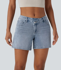 Halara Flex™ Asymmetric Low Rise Pockets Washed Denim Casual Shorts