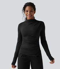 Ribbed Knit Mock-neck Long Sleeve Ruched Asymmetric Hem Casual Top