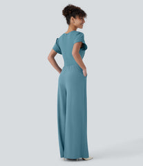 Breezeful™ V Neck Petal Sleeve Pocket Wide Leg Flowy Quick Dry Work Jumpsuit