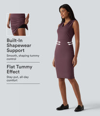 V Neck Sleeveless Tummy Control Built-in Shapewear Midi Work Dress