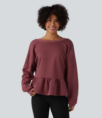 V Back Long Sleeve Ruffle Hem Casual Sweatshirt