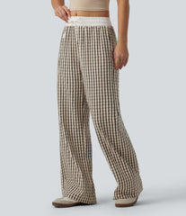 Mid Rise Drawstring Wide Leg Baggy Plaid Casual Pants with Pockets