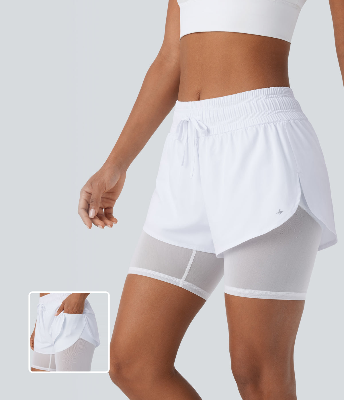 Breezeful™ Mid Rise Drawstring Contrast Mesh 2-in-1 Pocket Quick Dry Running Shorts