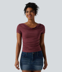 Cowl Neck Short Sleeve Ruched Casual Top