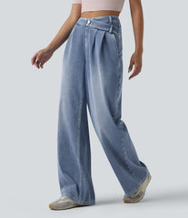 Halara Flex™ Asymmetric High Waisted Wide Leg Washed Casual Jeans with Pockets