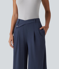 Asymmetric Mid Rise Flare Work Pants with Pockets