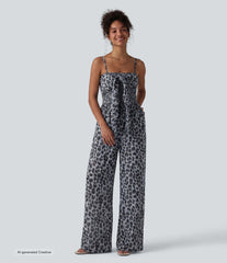 Tie-front Shirred Leopard Mesh Casual Slip Baggy Jumpsuit with Pockets