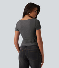 Boat Neck Short Sleeve Ruched Casual T-Shirt