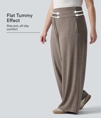 Plus Size Ribbed Knit High Waisted Tummy Control Drawstring Wide Leg Casual Pants with Pockets