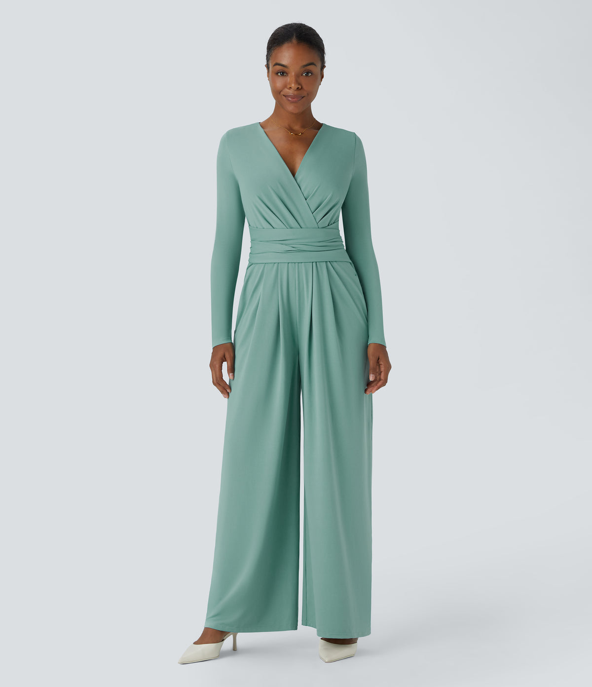 V Neck Long Sleeve Pocket Tie Back Casual Jumpsuit