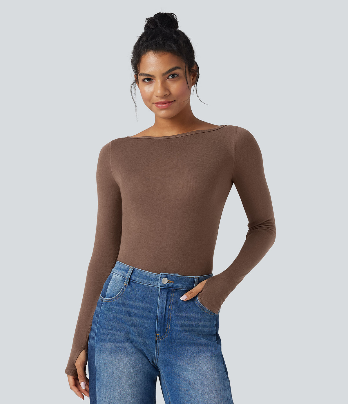 Boat Neck Long Sleeve Thumb Hole Casual Wool-Blend Top