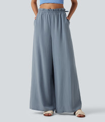 Frill Trim Mid Rise Drawstring Casual Linen-Blend Baggy Flowy Pants with Pockets
