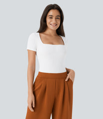 Ribbed Knit Square Neck Short Sleeve Skinny Work Bodysuit