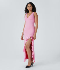 V Neck Sleeveless Asymmetric Ruffle Hem Maxi Dress