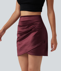 High Waisted Ruched Crossover Hem 2-in-1 Bodycon Satin Mini Casual Skirt