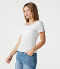 Ribbed Knit Scoop Neck U Back Short Sleeve Contrast Lace Built-in Bra Casual T-Shirt