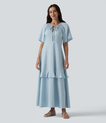 V-neck Short Sleeve Ruffle Tiered Midi Resort Flowy Dress