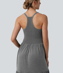 U Neck Shirred Racerback Midi Casual Dress with Pockets