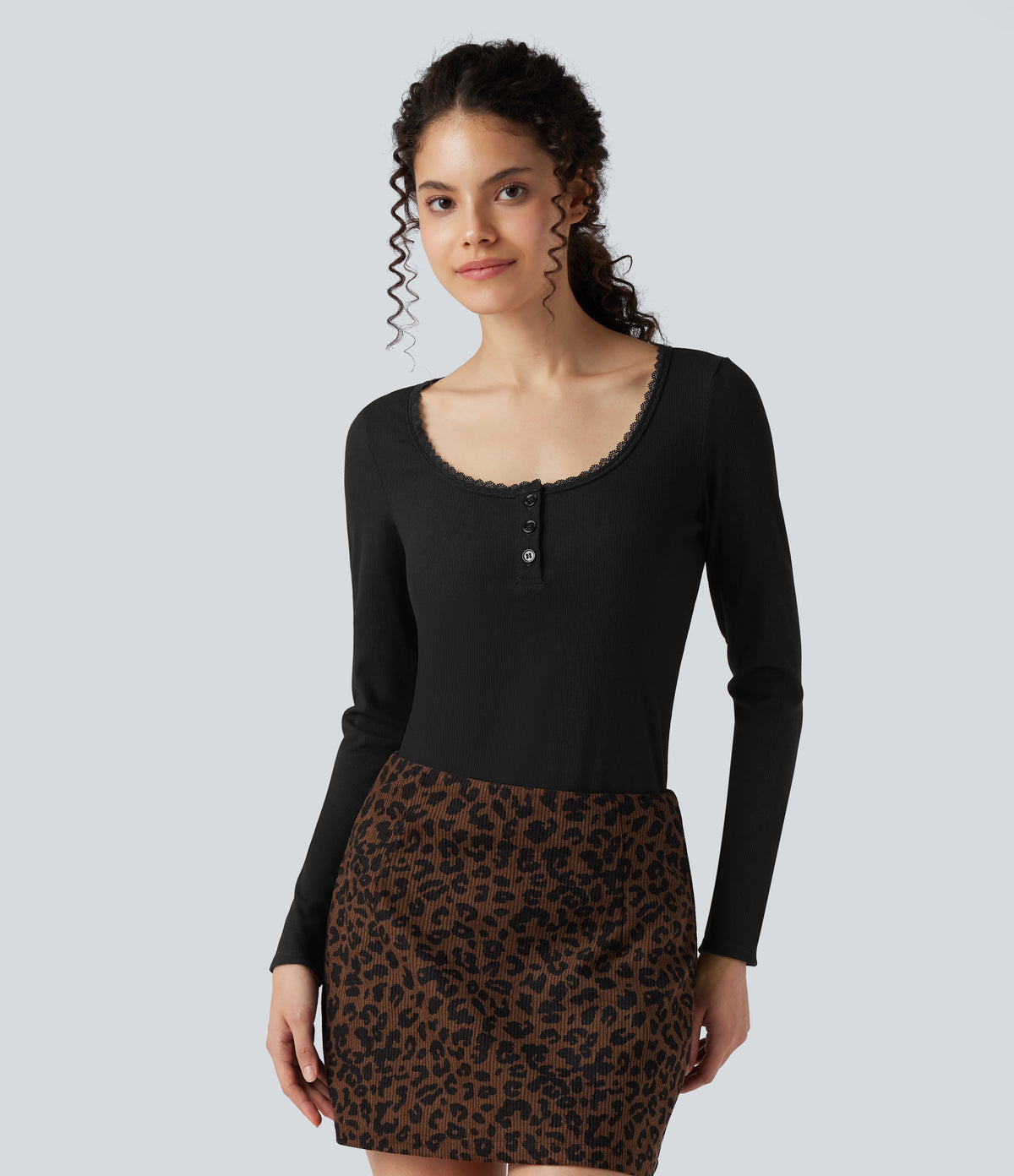 Ribbed Knit Lace Henley Neck Long Sleeve Casual Top