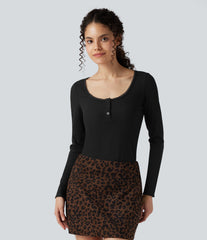 Ribbed Knit Lace Henley Neck Long Sleeve Casual Top