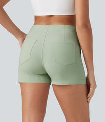 High Waisted Casual Stretch Linen Shorts 3'' with Pockets