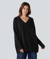 V-neck Reglan Long Sleeve Relaxed Fit Casual Sweater