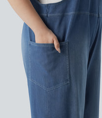 Halara Flex™ V Neck Washed Denim Casual Plus Size Overalls with Pockets